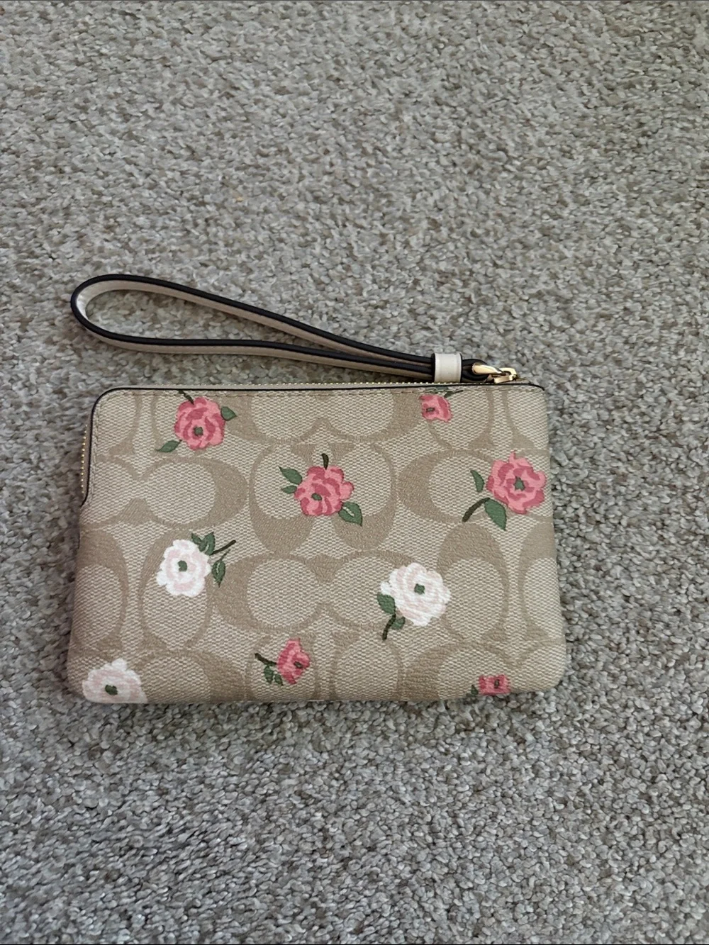 Coach Signature Canvas Floral Wristlet - Beige with Pink & White Flowers